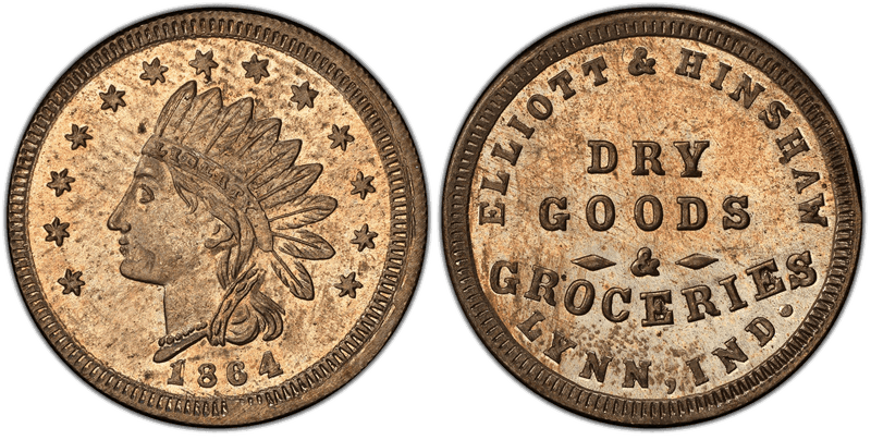 (1864) Copper-Nickel Civil War Store Card F-580A-2d, Elliott & Hinshaw IN