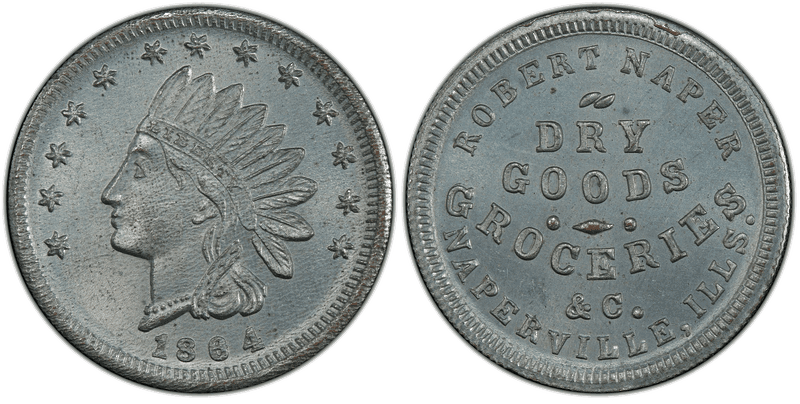 (1864) Zinc Civil War Store Card F-615A-1i, Robert Naper IL