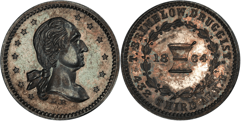 (1864) Silver Civil War Store Card F-630K-9F, GW-669 T. Brimelow NY