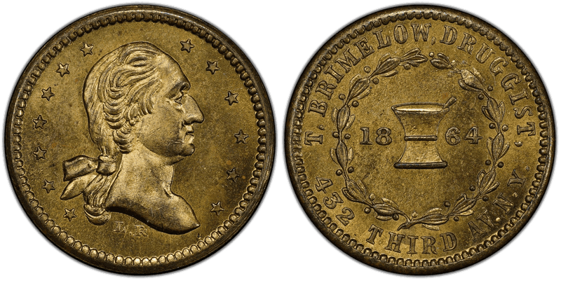 (1864) Brass Civil War Store Card F-630K-9b, T. Brimelow NY