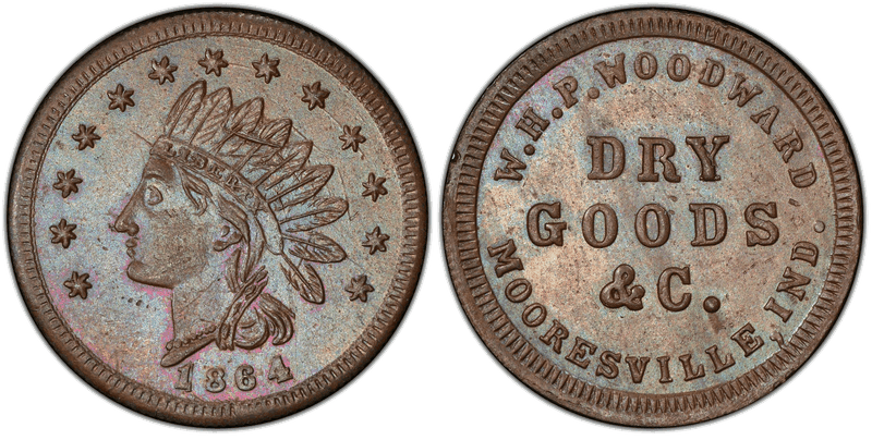 (1864) Copper Civil War Store Card F-640A-2a, W.H.P. Woodward IN