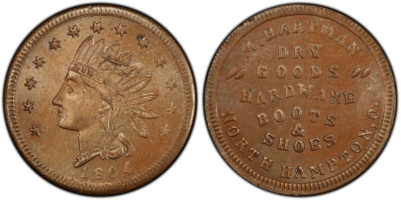 (1864) Copper Civil War Store Card F-645A-2a, M. Hartman OH