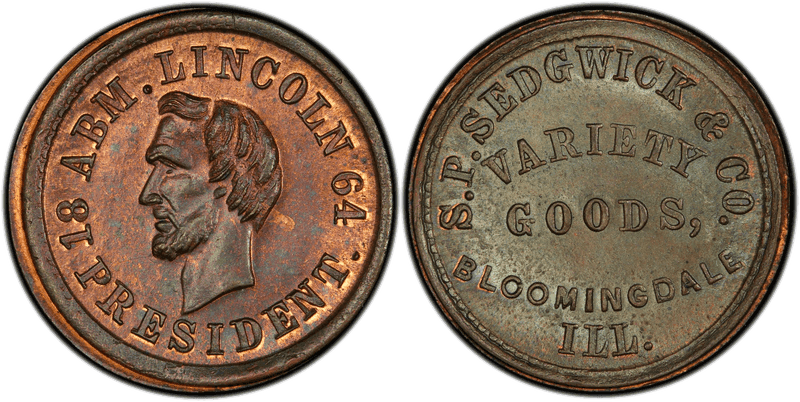 (1864) Civil War Store Card F-65A-1a, S.P. Sedgwick & Co. IL