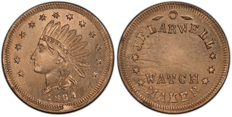 (1864) Copper-Nickel Civil War Store Card F-680A-2d, J.F. Larwell IN