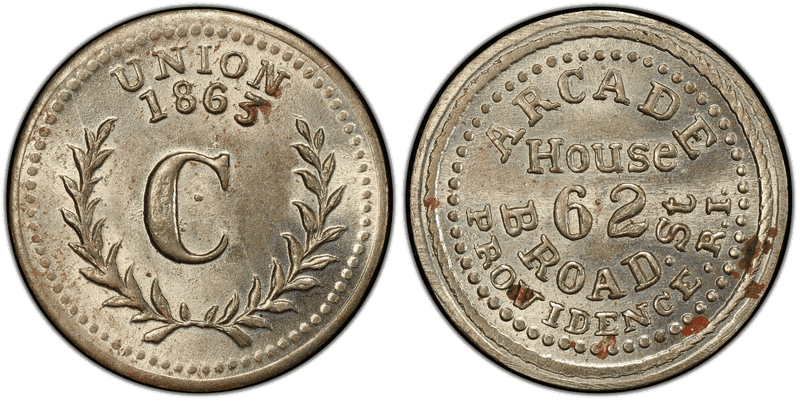 (1864) German-Silver Civil War Store Card F-700A-8j, Arcade House RI