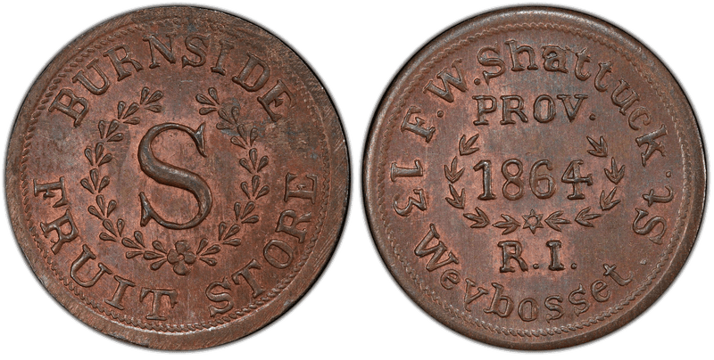(1864) Copper Civil War Store Card F-700I-1a, F.W. Shattuck RI