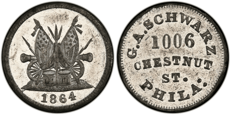 (1864) White Metal Civil War Store Card F-750R-1e, G.A. Schwarz PA