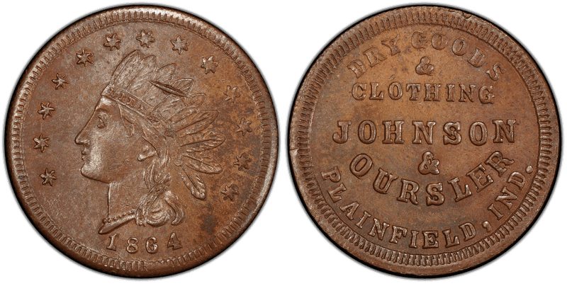 (1864) Copper Civil War Store Card F-770A-2a, Johnson & Oursler IN