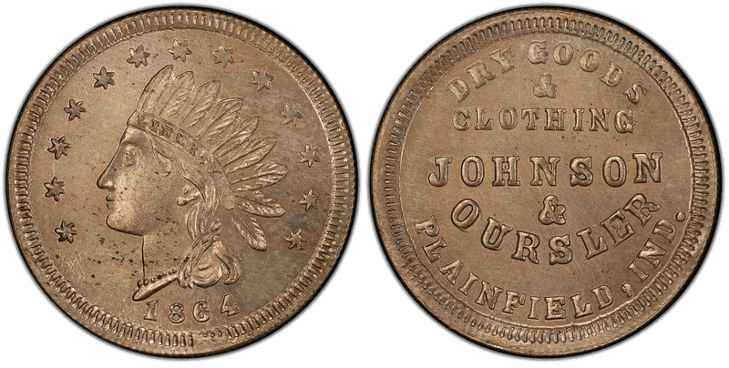 (1864) Copper-Nickel Civil War Store Card F-770A-2d, Johnson & Ousler IN
