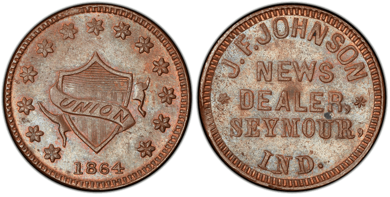 (1864) Copper Civil War Store Card F-830A-2a, J.F. Johnson IN