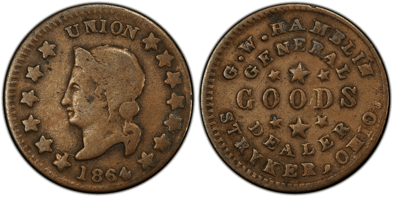 (1864) Copper Civil War Store Card F-840B-2a, G.W. Hamblin OH