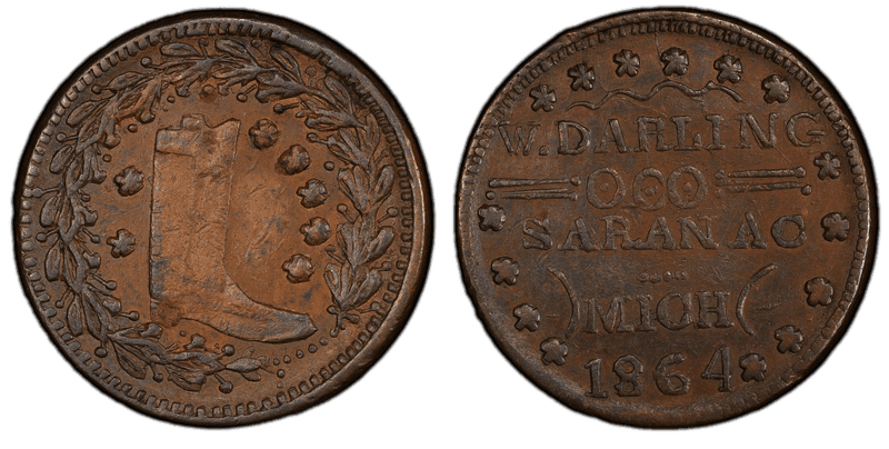 (1864) Copper Civil War Store Card F-865A-2a, W. Darling MI