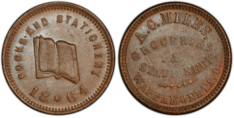 (1864) Copper Civil War Store Card F-905B-1a, A.C. Miles OH