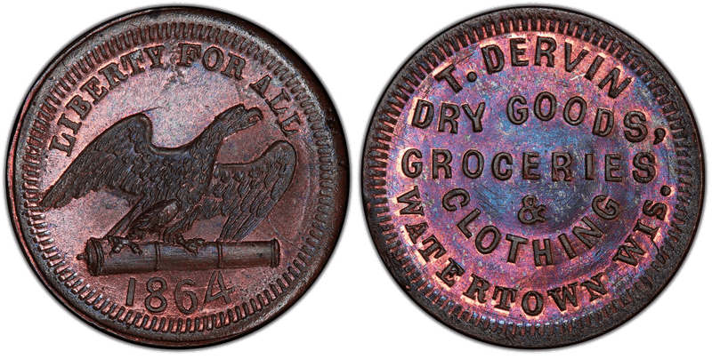(1864) Copper Civil War Store Card F-920D-1a, T. Dervin WI