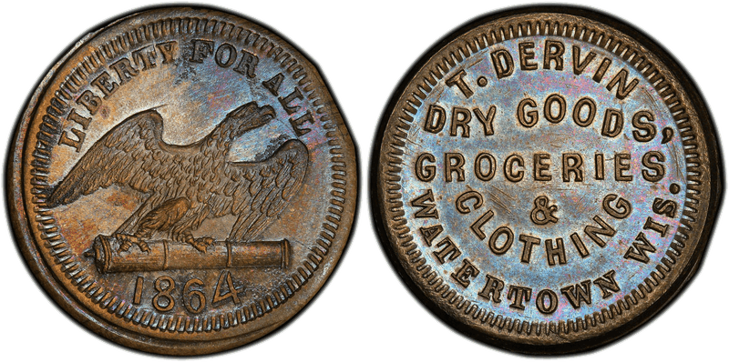 (1864) Brass Civil War Store Card F-920D-1b, T. Dervin WI