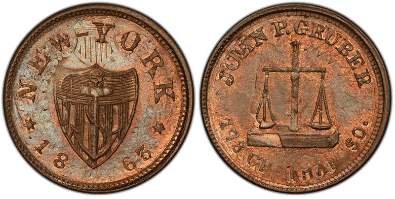 1865 Copper-Nickel Civil War Store Card F-630AG-4do, John P. Gruber, Overstk on 1863 1C NY Cent NY