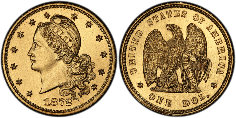 1872 Proof Dollar Pattern - J-1225, Gilt, Amazonian
