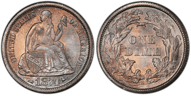 1874 (S) Seated Liberty Dime - Arrows