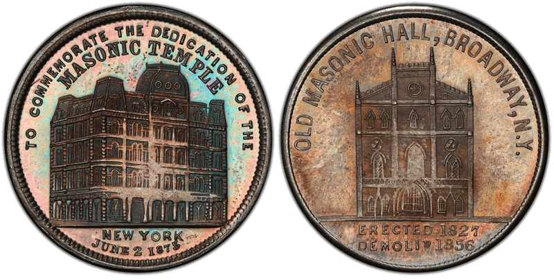 1875 Medal Marvin-303 Mule Silver 31mm Masonic Hall / Masonic Temple NY
