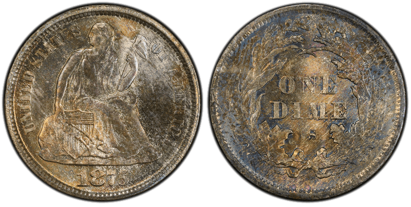 1875 (S) Seated Liberty Dime - Mintmark Above Bow