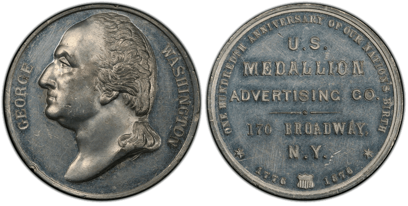 1876 Medal George Washington White Metal 42mm US Medallion Advertising Co.