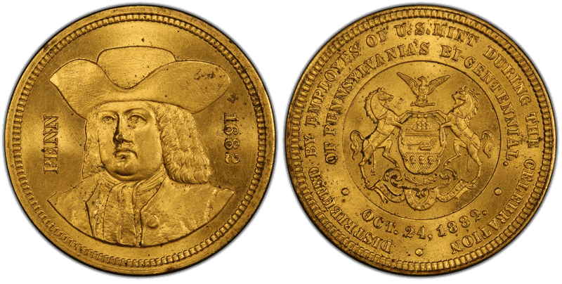 1882 Gilt Medal J-CM-42, Brass Pennsylvania Bicentennial