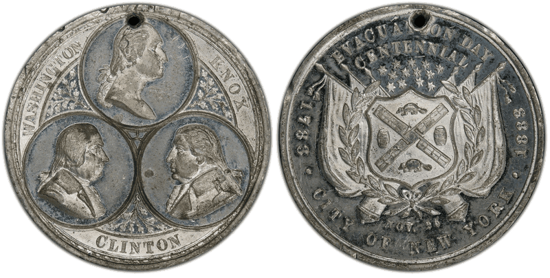 1883 White Metal Medal GW-1012, Holed, Evacuation Washington, Knox & Clinton
