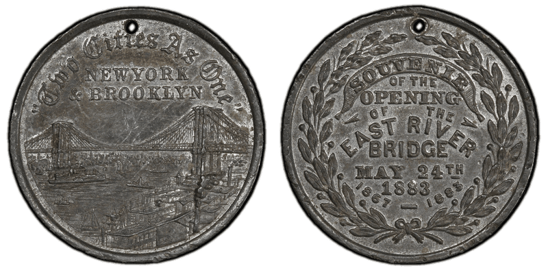 1883 Medal Lemke-1 White Metal Holed East River Bridge Opening