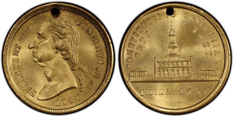 1887 Medalet GW-1050, Gilt-Brass Holed Independence Hall