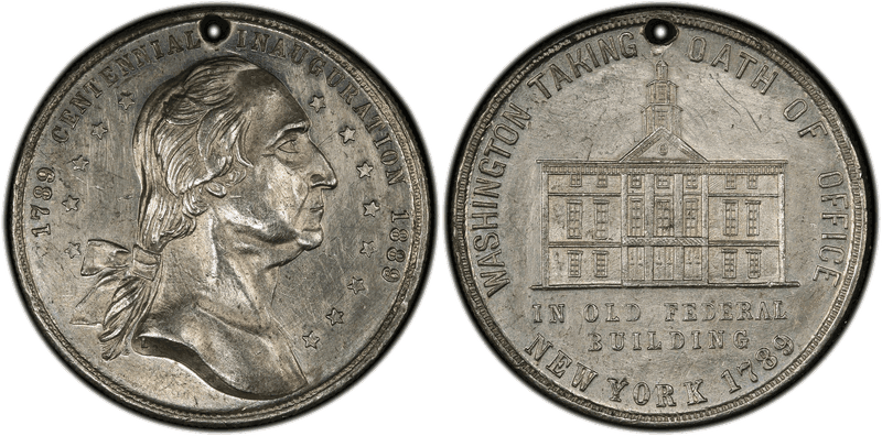 1889 Medal Douglas-21 White Metal Washington Inaguration, Holed