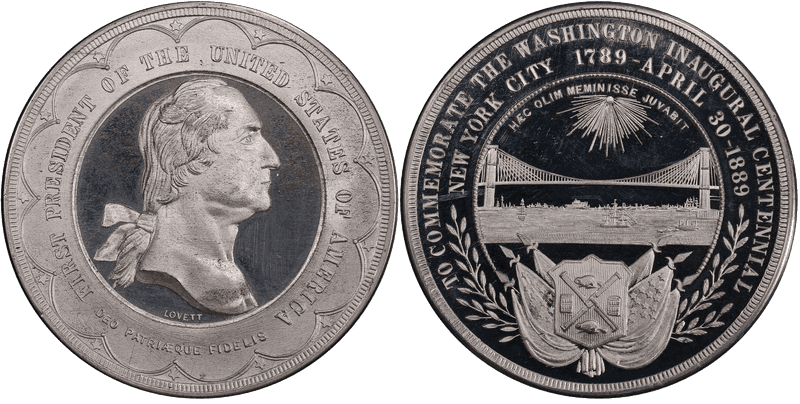 1889 White Metal Medal GW-1087A, Brooklyn Bridge w/Sun