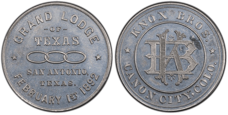 (1892) Aluminum Token Rulau Co-Ca-5, Mule Knox Bros. / Grand Lodge of TX