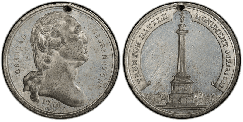 1893 White Metal Medal Baker-C324A, Holed Trenton Battle Monument