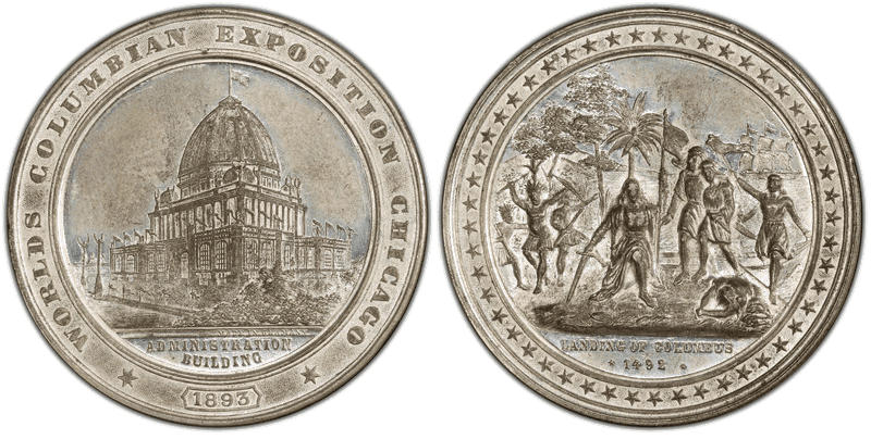 1893 Medal Landing of Columbus White Metal 50mm World's Columbian Expo