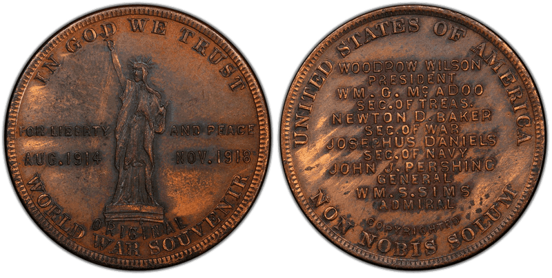 1918 Antiqued Copper So-Called Dollar HK-900, T-IV WWI Peace Medal