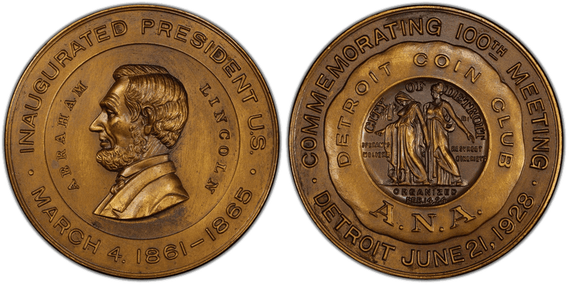 1928 Medal Detroit Coin Club 100th Meeting A.N.A. Bronze 37mm