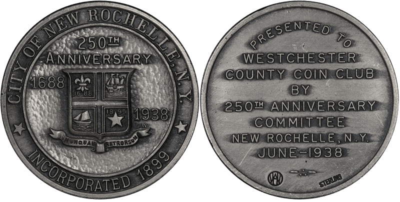 1938 Medal Westchester Coin Club Sterling Silver New Rochelle 250th Ann. T-I