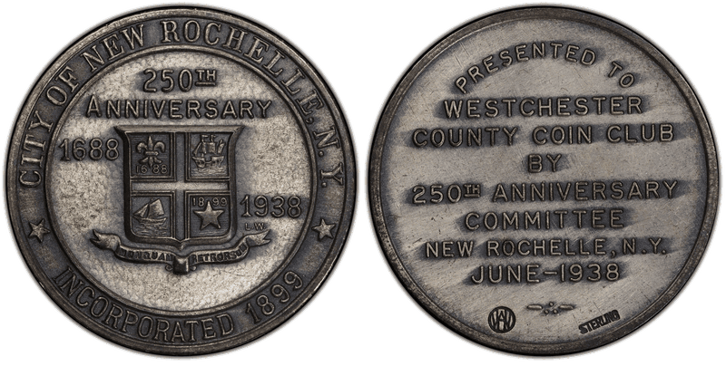1938 Medal Westchester Coin Club Sterling Silver New Rochelle 250th Ann. T-II