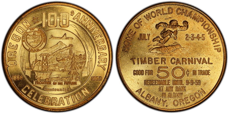 1959 Token TC-7597 Brass 34mm Oregon 100th Anniv. Celebration OR