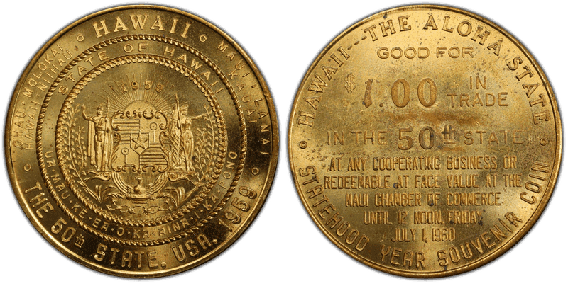 1960 Hawaiian Trade Dollar - 50th State, Brass 39mm
