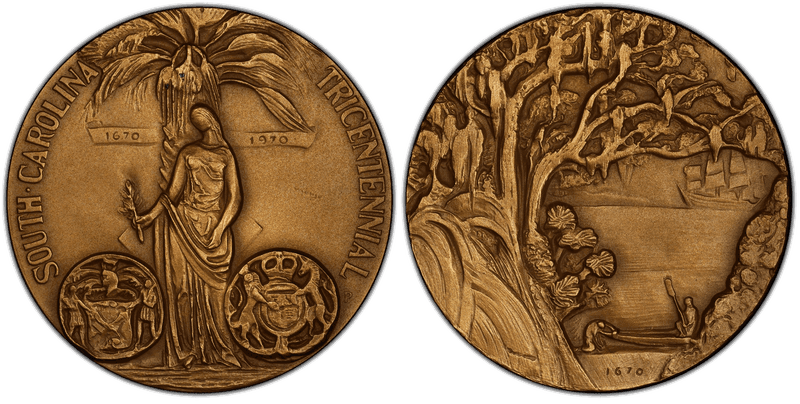 1970-P Matte Bronze Medal D1970-2e, 76mm S. Carolina Tricentennial