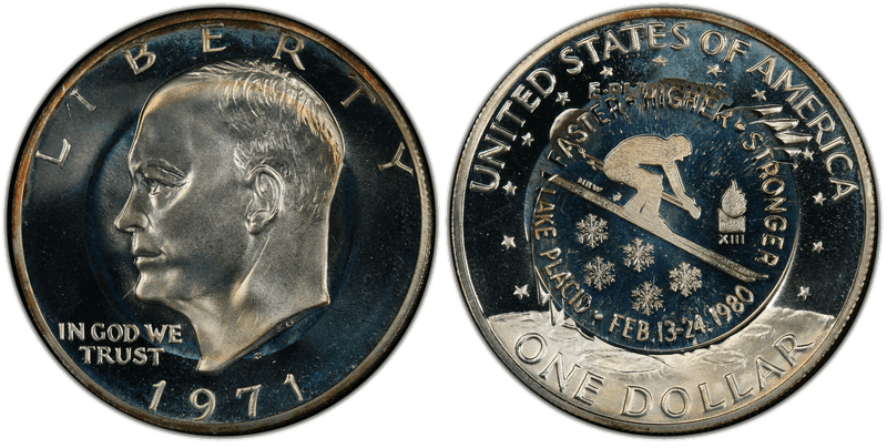 1980 (S) Proof MW10 C/M on 1971-S $1 Lake Placid Ski Dollar