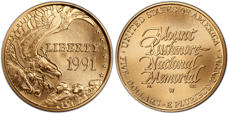 1991 Mount Rushmore Golden Anniversary Commemorative Five Dollar Gold