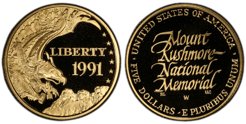 1991 (W) Proof Mount Rushmore Golden Anniversary Commemorative Five Dollar Gold