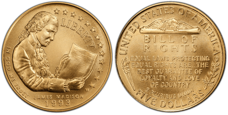 1993 Bill of Rights Commemorative Five Dollar Gold