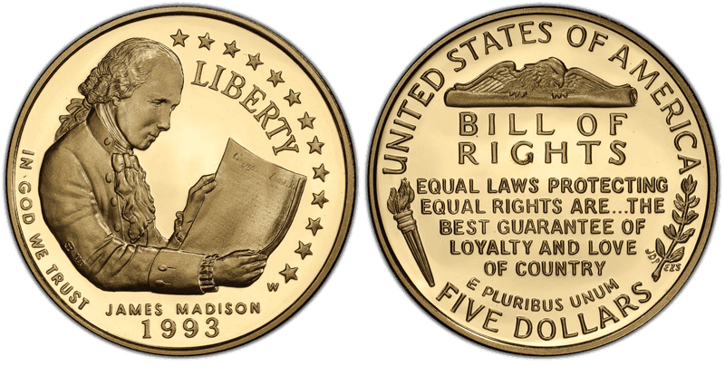 1993 (W) Proof Bill of Rights Commemorative Five Dollar Gold