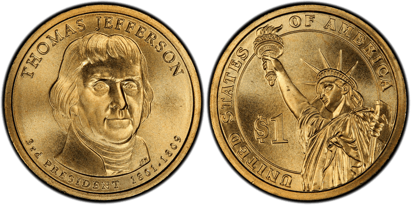2007 (D) Satin Finish Presidential Dollar - Thomas Jefferson, Position A