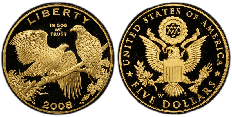 2008 (W) Proof Bald Eagle Recovery and National Emblem Commemorative Five Dollar Gold