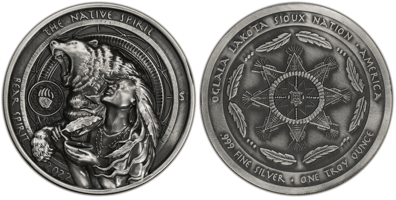 2022 Oglala Lakota Sioux Nation Silver Bear Spirit Antique Finish HR Dollar