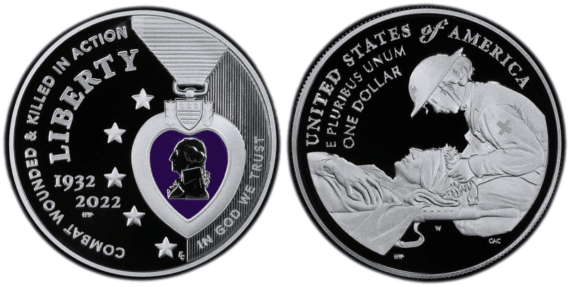 2022 (W) Proof National Purple Heart Hall of Honor Commemorative Dollar - Colorized